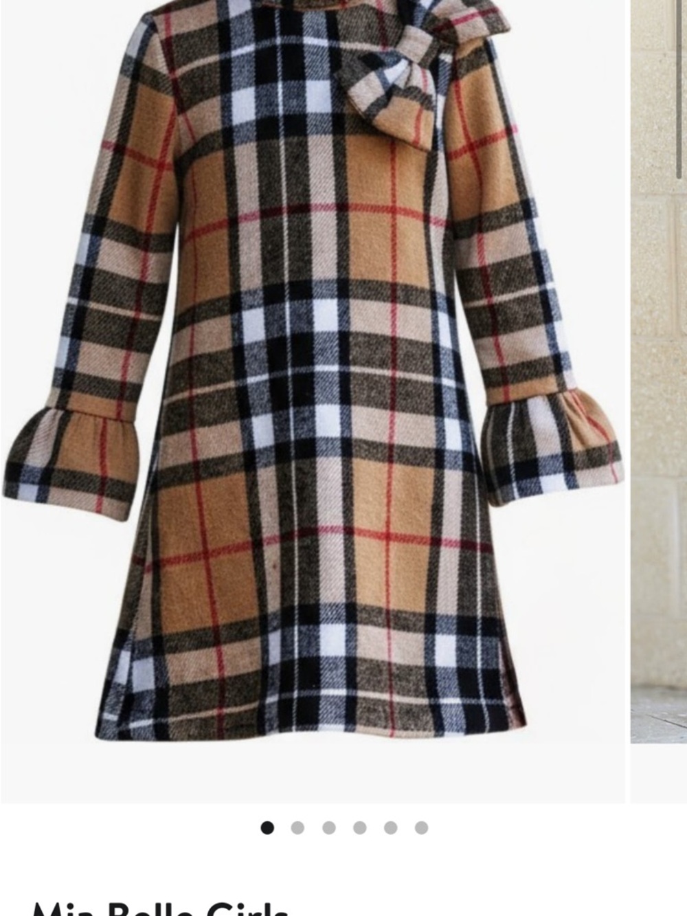 Mia Belle Girls Tan Plaid Bow-Accent Casual Dress